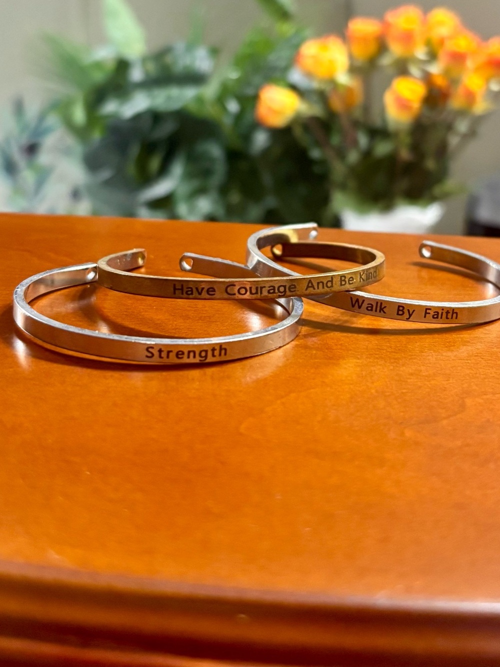 Inspirational Engraved Silver Tone Cuff Bracelet Set - Strength, Courage, Faith